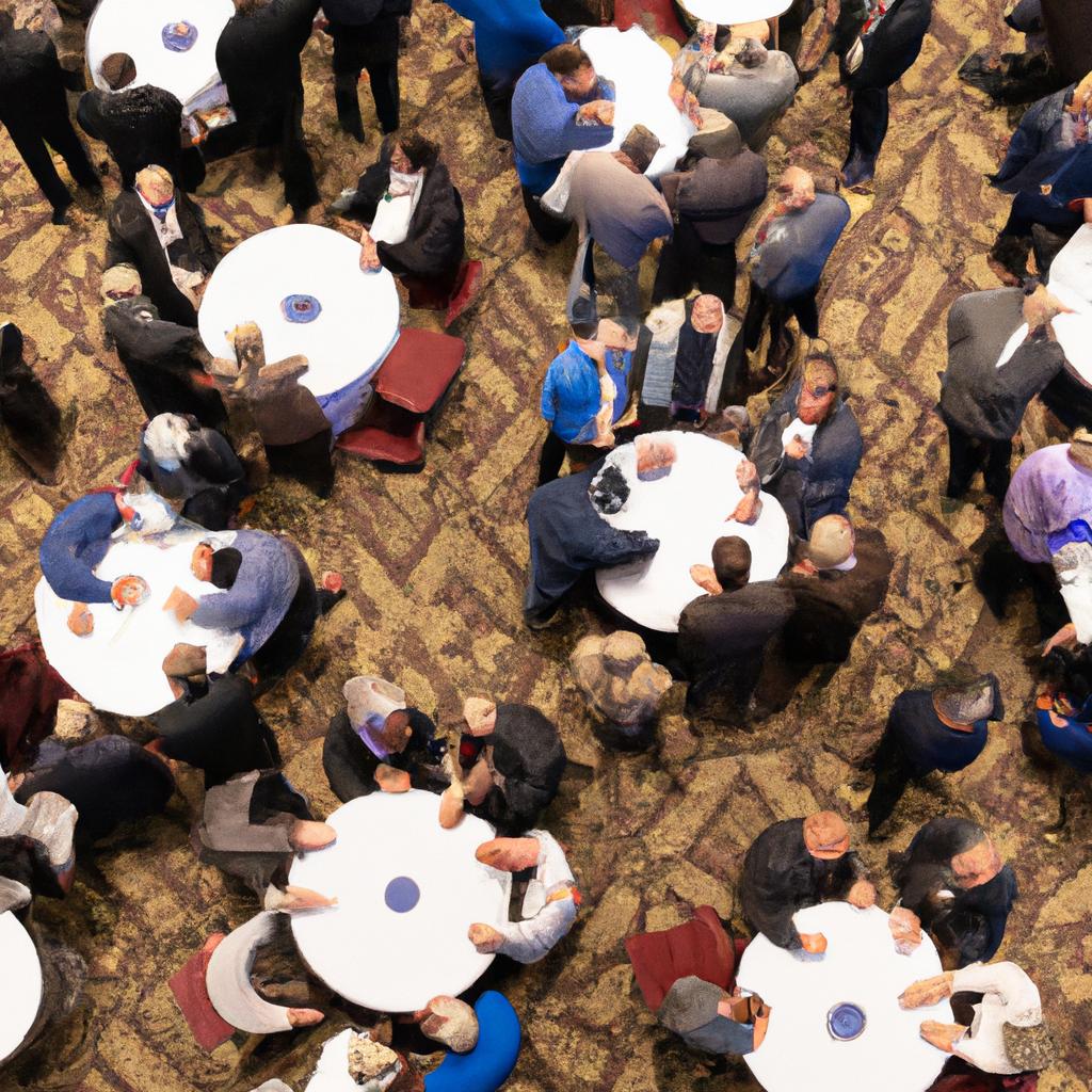 Real estate professionals networking and sharing lead generation strategies at a conference.